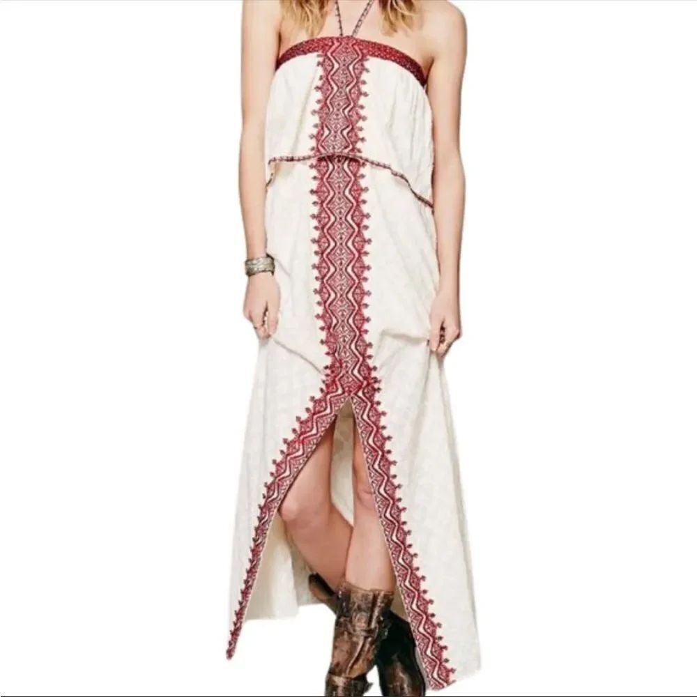 FREE PEOPLE | Marrakech Cream & Red Embroidered Halter Maxi Dress Women’s Size 2